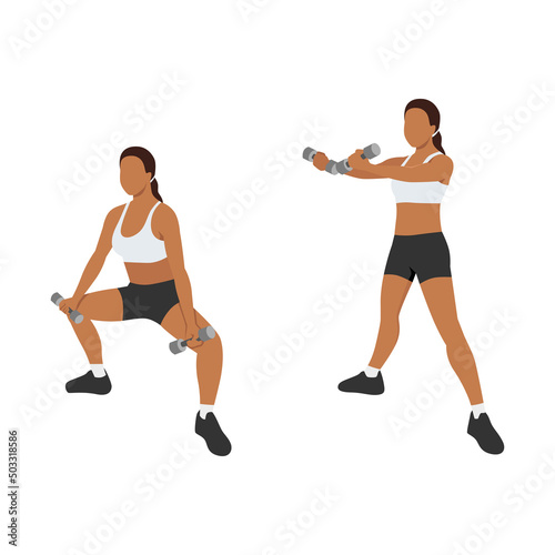 Woman doing plie squat scoop up exercise. Flat vector illustration isolated on white background