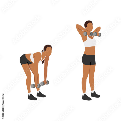 Woman doing deadlift upright row exercise. Flat vector illustration isolated on white background
