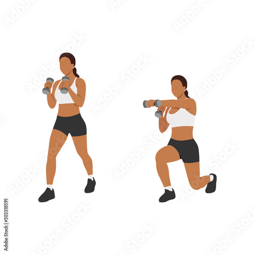 Woman doing lunge punch with dumbbell exercise. Flat vector illustration isolated on white background