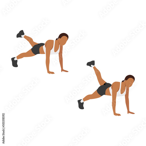 Woman doing plank leg extension pulses exercise. Flat vector illustration isolated on white background