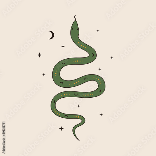 70s vector psychedelic snake tattoo. Retro groovy graphic element. Cartoon mystic sticker. Vintage boho illustration