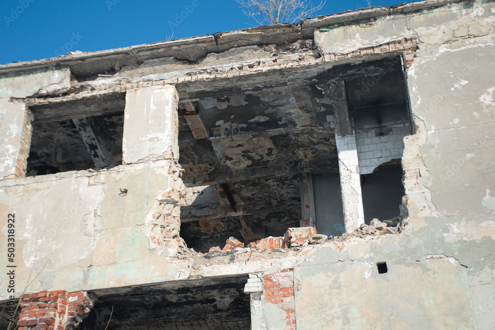 The ruins of the destroyed building in the Syzran region, Russia The ruins of the destroyed building in the Syzran region, Russia