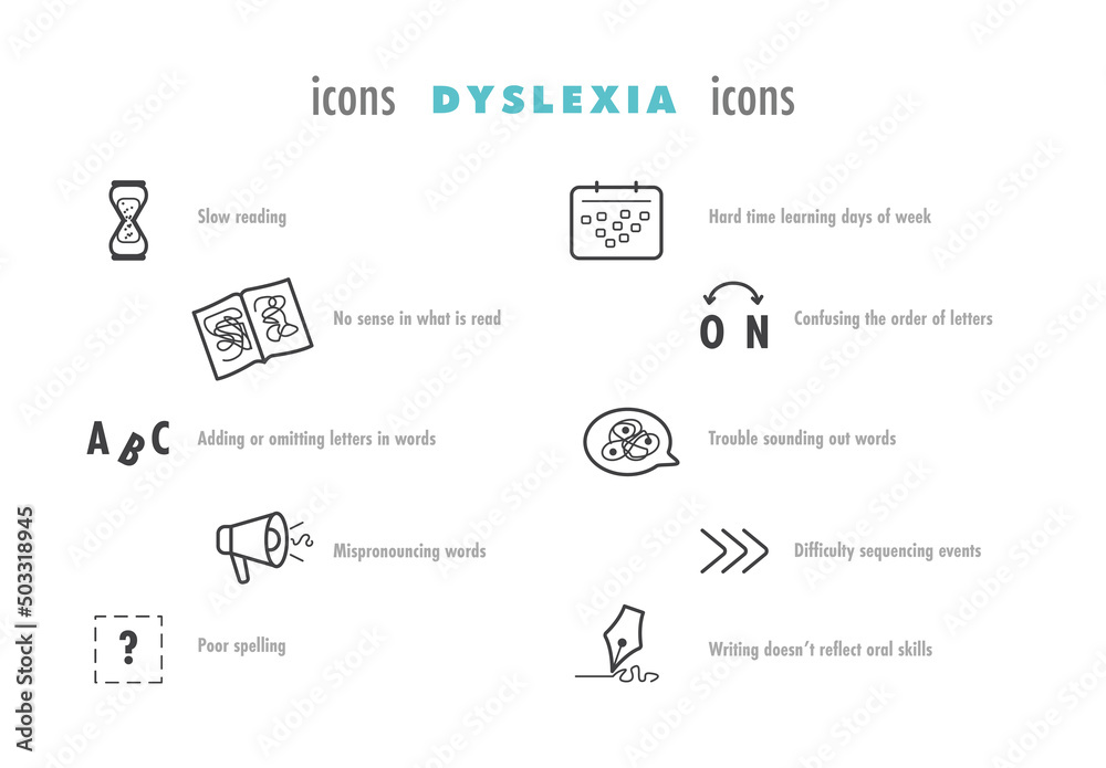 Pack of icons on Dyslexia theme, vector, editable, for presentations - obrazy, fototapety, plakaty 