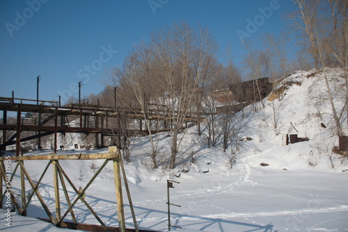 Old ruined metal pier in the Syzran region, Russia