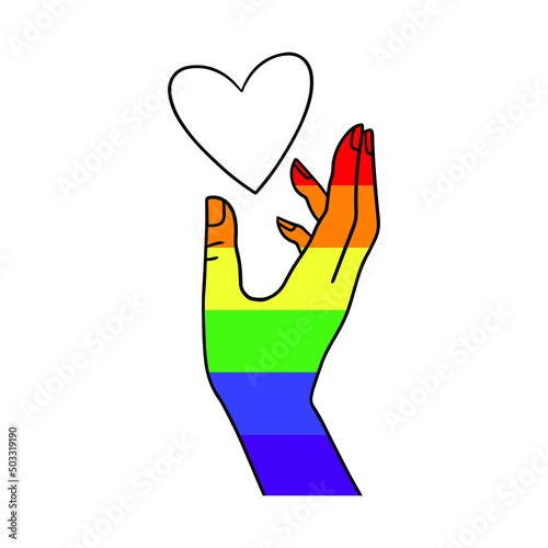 Arm holding the heart coloured in LGBT pride colours on the white background. Concept of the International Day Against Homophobia concept, sexual equality, feminism, social safety.