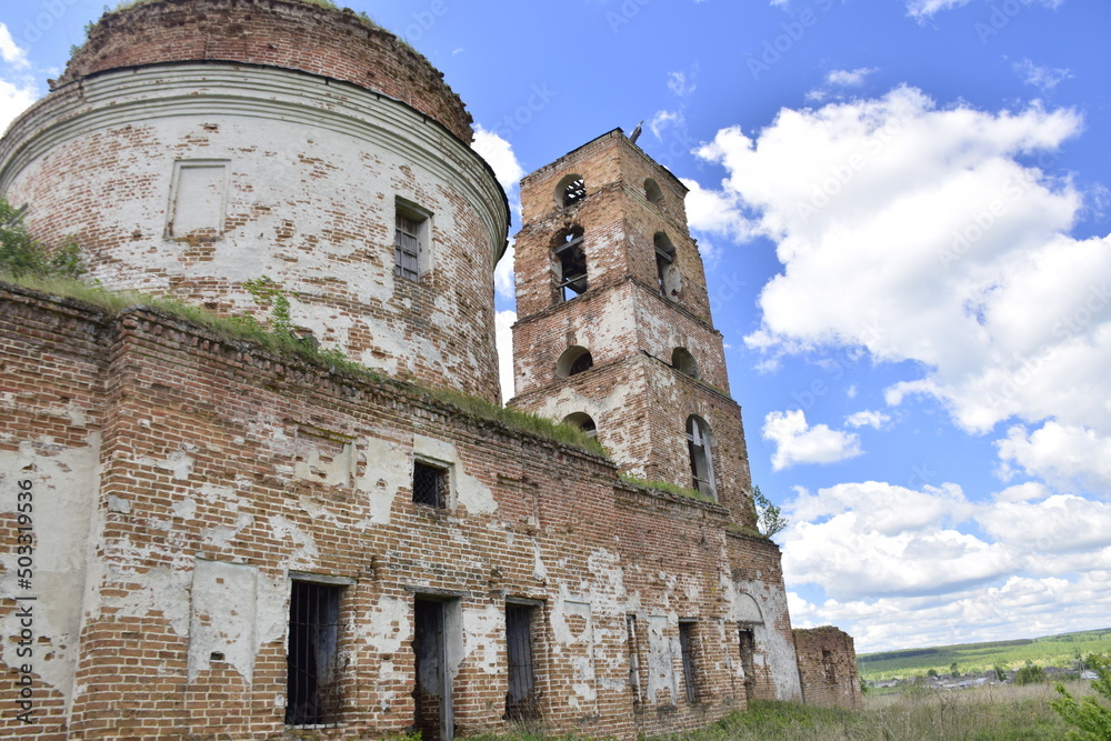 ruined brick temple in field, abandoned church. Ruins of a brick church. Ulyanovsk region Russia