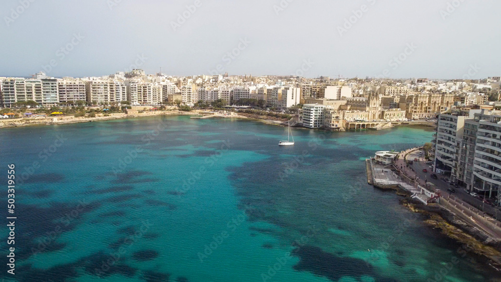 Aerial view of Spinola Bay in St Julien, Malta Island