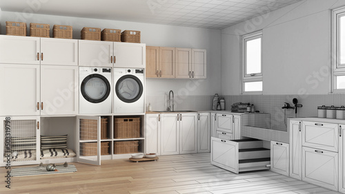 Fotografia Architect interior designer concept: hand-drawn draft unfinished project that becomes real, pet friendly laundry room, mudroom with cabinets and equipment