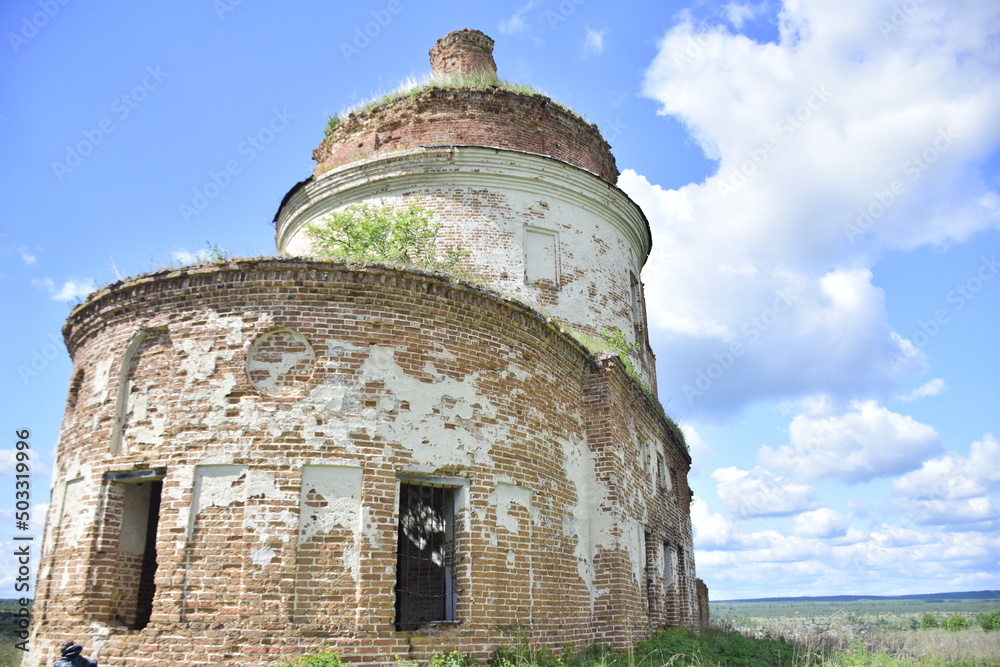 ruined brick temple in field, abandoned church. Ruins of a brick church. Ulyanovsk region Russia