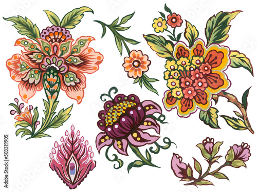 Floral decorative elements in jacobean damask embroidery style, fantasy fower illustration element isolated on white photo