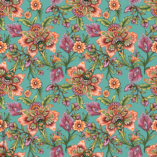 Foto Floral decorative elements in jacobean damask embroidery style, fantasy fower il