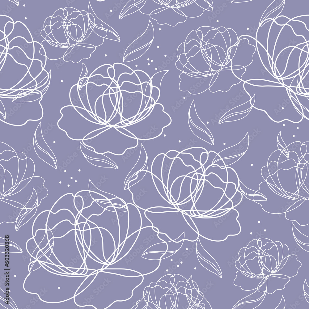 Seamless pattern with linear peony flowers from white outlines on a lilac background. Delicate print with garden plants. Vector contour graphics in vintage floral style for fabric, paper and wrapping