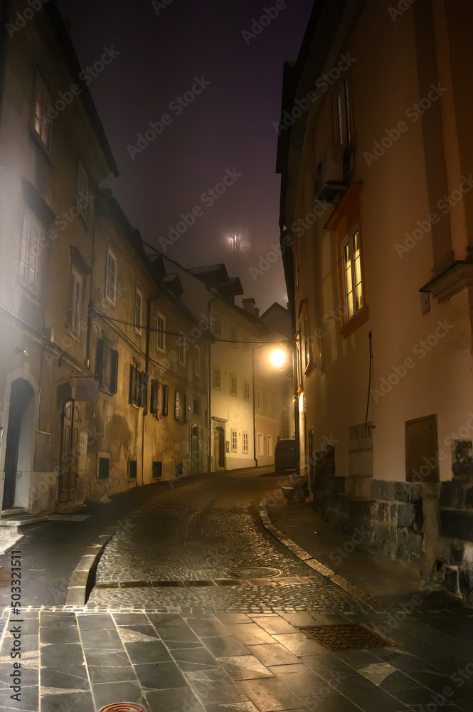Historic architecture in Ljubljana at night