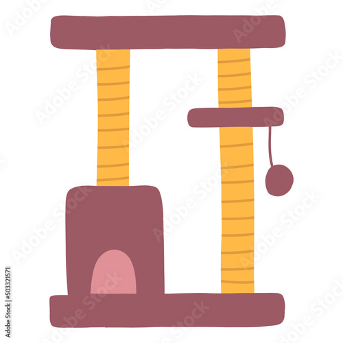 Cat scratching post with house in cartoon flat style. Cat tree with a toy ball, furniture for kittens. Kitten accessories, pet claw sharpener isolated on white background