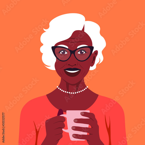 Happy elderly woman is holding a cup of coffee or tea in her hands. Breakfast at home and office. African grandmother. Vector flat illustration