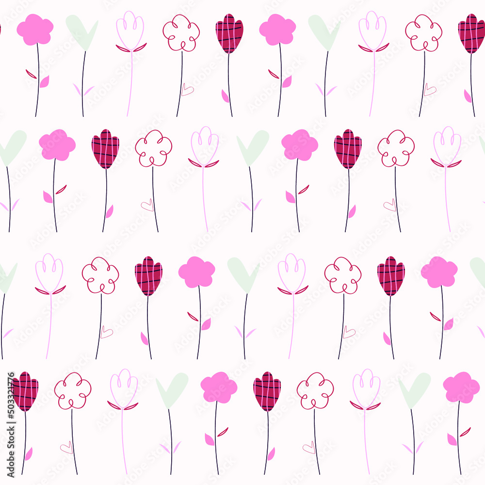 Simple flower vector pattern. Botanical wrapping paper. Botanical textile design. Pink background.