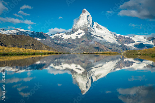 Amazing view with Matterhorn reflection from the Stellisee lake  Switzerland