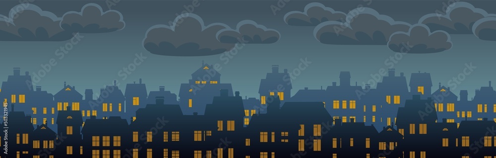 Evening Small city houses residential quarters. Cityscape with buildings. Horizontal seamless composition. Housing silhouettes. Vector