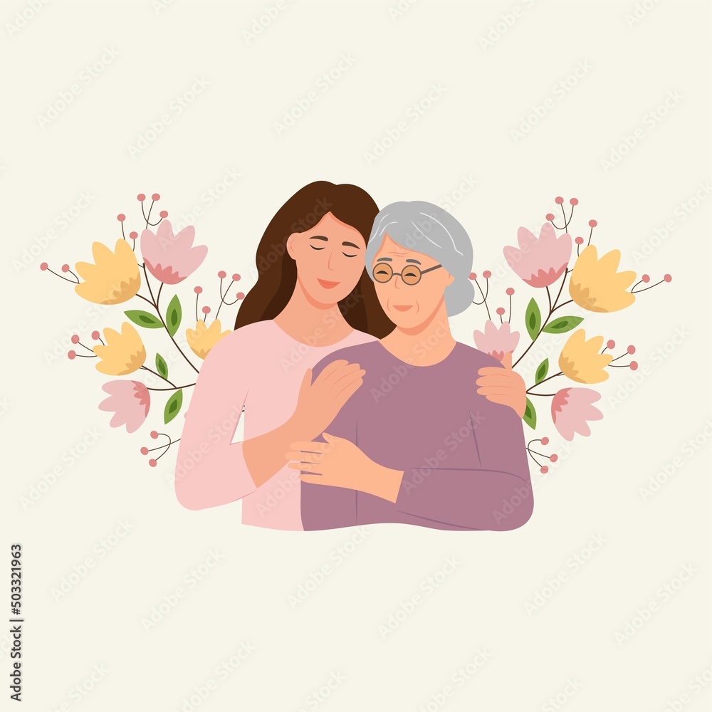 Happy Young woman hugging her old mother with love. Mother and daughter. Mothers day .Portrait of young woman hugging her grandma. Friendly family relationship. vector flat illustration Happy Young woman hugging her old mother with love. Mother and daughter. Mothers day .Portrait of young woman hugging her grandma. Friendly family relationship. vector flat illustration