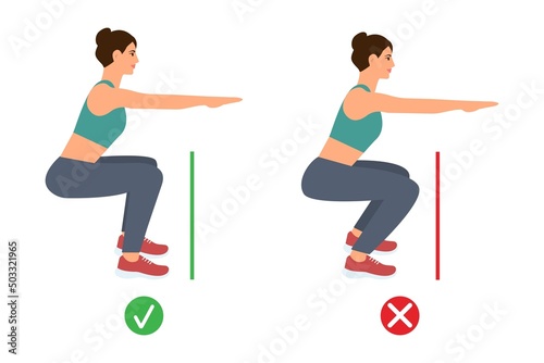 Sport exercise. Physical training right and wrong squats.Vector Illustration about workout guide.