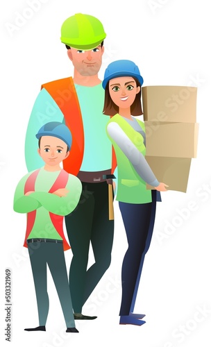 Man and woman and child son builder in vest and protective helmet. Cheerful person. Standing pose. Cartoon comic style flat design. Single character. Illustration isolated on white background. Vector