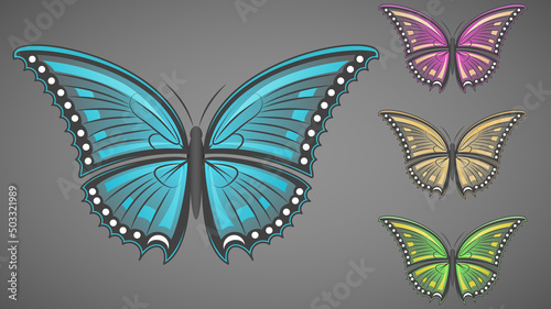 Set of exotic tropical butterflies on a dark background