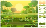 Glade. Set parallax effect. Amusing beautiful vegetation landscape. Sun. Cartoon style. Hills with grass and trees. Cool romantic pretty. Flat design background illustration. Vector