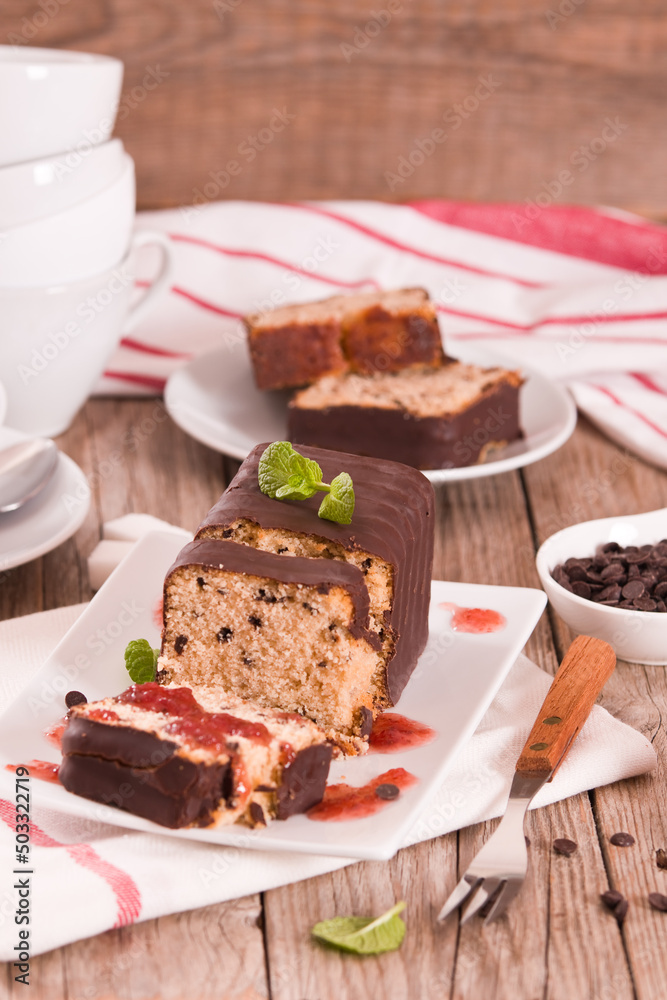Sponge cake with chocolate frosting.