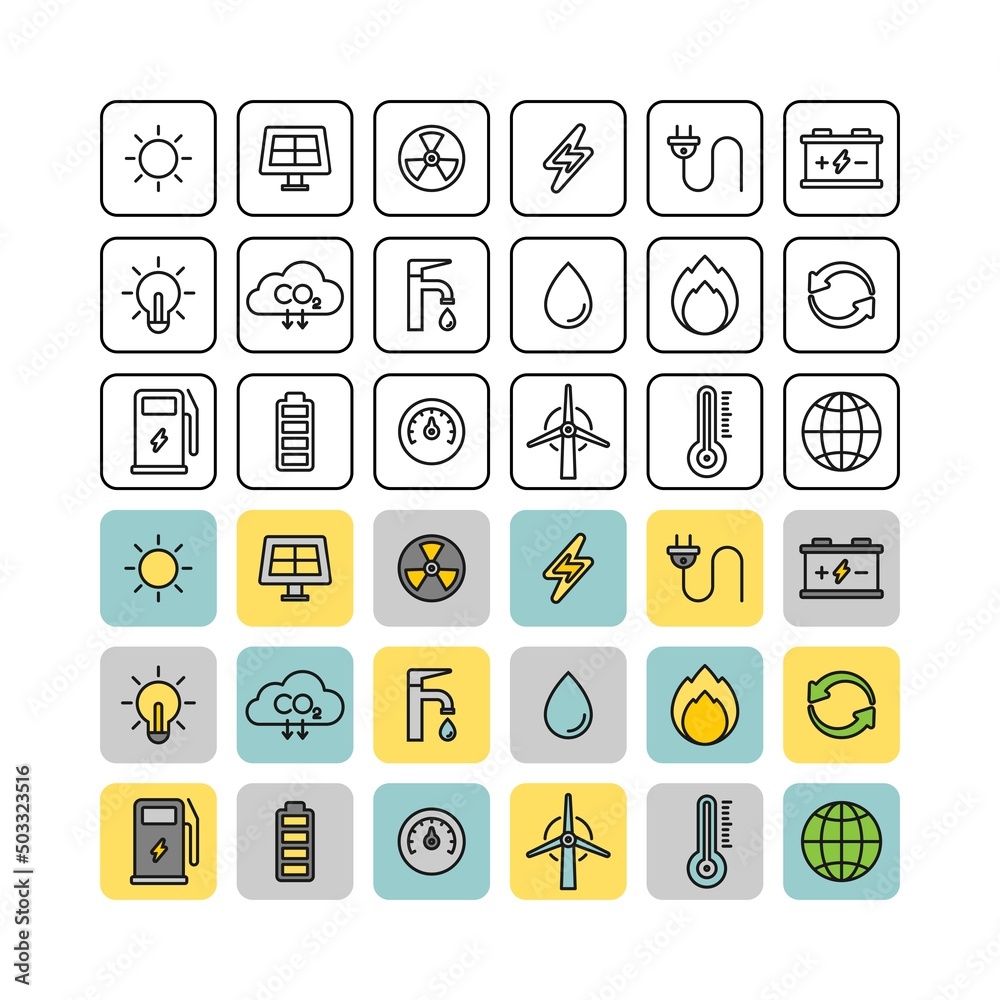 Power and energy flat vector icons set Power and energy flat vector icons set