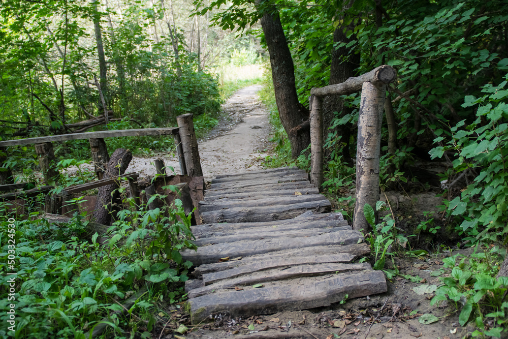 Landscape with old wooden bridge over the river surrounded by beautiful forest Landscape with old wooden bridge over the river surrounded by beautiful forest