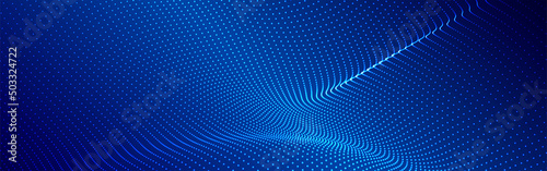 Wave of flowing particles on a dark background. Abstract backdrop with dynamic elements of waves and dots. Vector