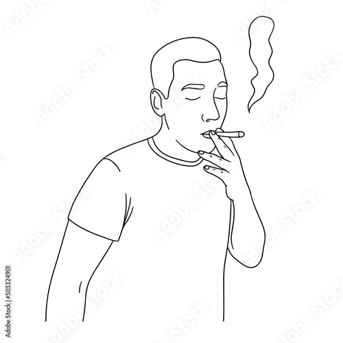 Vector illustration of a man holding a cigarette. A man smokes a joint.