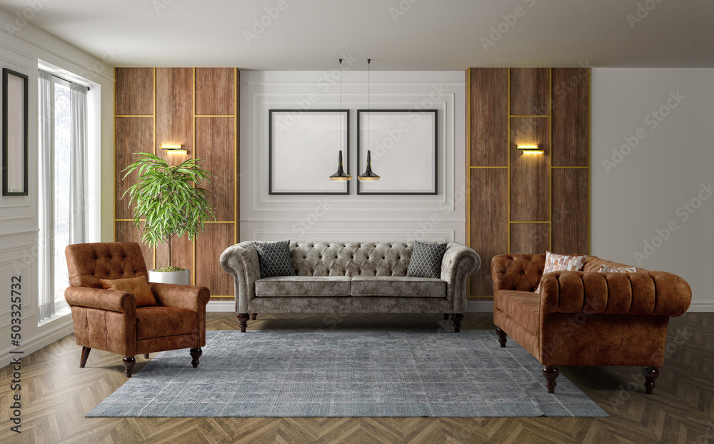 Fototapeta premium 3D rendering of modern living room .modern furniture set.