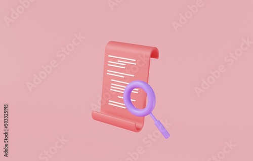 Paper icon with magnifying glass. Document search, financial check, budget accounting report, paper invoice analyze, information search, File search, receipt, Document icon. 3d render illustration photo