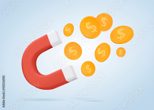 3d magnet attraction money coins. magnet concept for business investments earnings and financial savings, earning or making money. Cashback and making coin concept. 3d render vector illustration