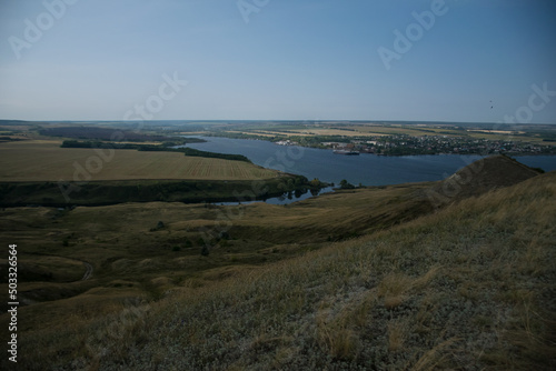 Summer landscape with a view of the river with steep banks. Volga River, Russia, Ulyanovsk