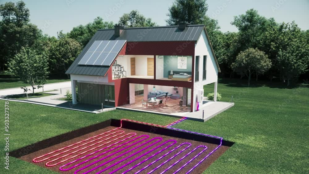 House heating system. Heat pump for a private house. Modern heating system. 3d visualization