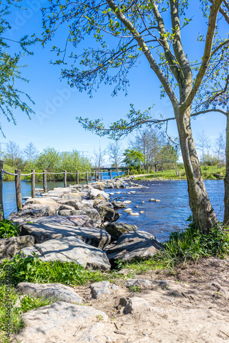 Stepping stones used as a bridge at Brug Molenplas over the Oude Maas river, wooden poles and rope fences, green trees in the background, sunny day in Stevensweert, South Limburg, Netherlands