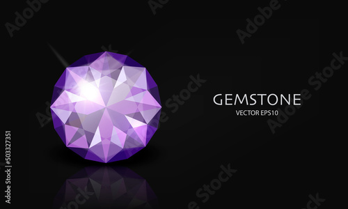 Vector Horizontal Banner with 3d Realistic Purple Transparent Gemstone, Diamond, Crystal, Rhinestones Closeup on Black. Jewerly Concept. Design Template, Clipart