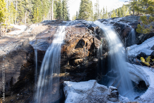 A waterfall in the mountains of Colorado in the winter