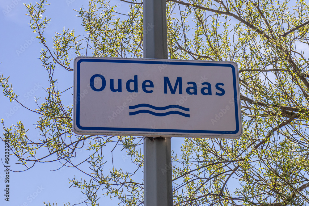 Metal sign on a pole with the inscription Oude Maas, which is the name of a river in Holland, branches with sparse green foliage and a blue sky in the background, the Netherlands Metal sign on a pole with the inscription Oude Maas, which is the name of a river in Holland, branches with sparse green foliage and a blue sky in the background, the Netherlands