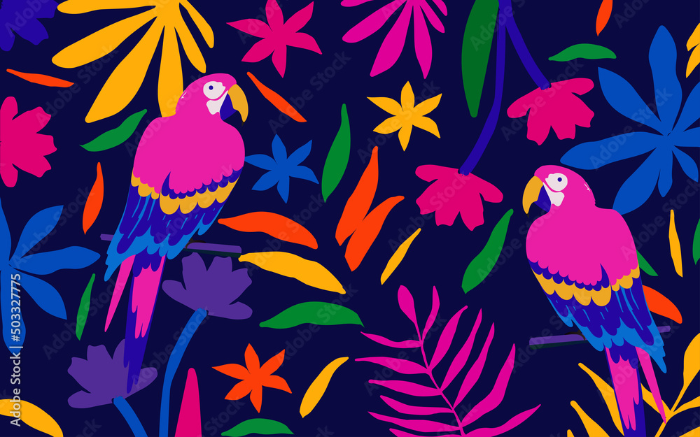 Colorful botanical shapes doodle collection. Cute tropical leaves shapes with toucans, random childish doodle cutouts, branches, flowers, ferns, decorative elements from nature vector illustration
