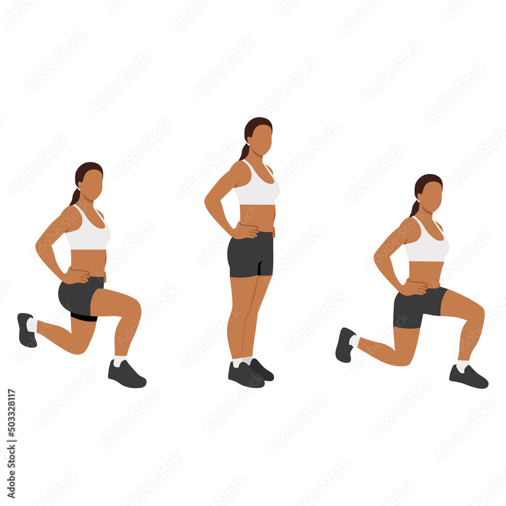 Woman doing front and back lunges exercise. Flat vector illustration isolated on white background Woman doing front and back lunges exercise. Flat vector illustration isolated on white background