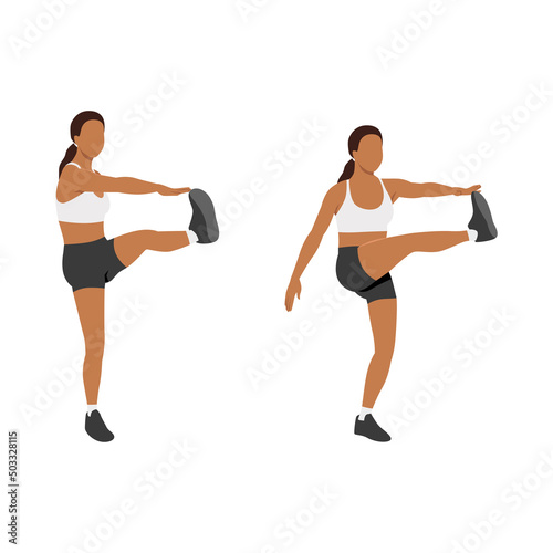 Woman doing kick crunch exercise. Flat vector illustration isolated on white background