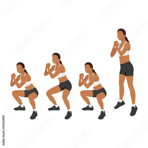 Woman doing double pulse squat jump exercise. Flat vector illustration isolated on white background