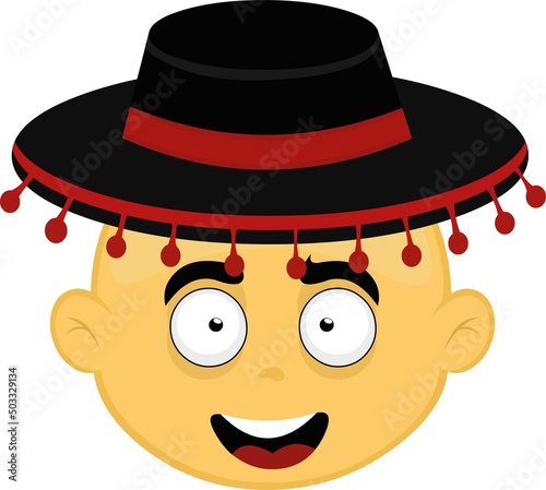 Vector illustration of yellow cartoon character face with a classic spanish hat from flamenco dance