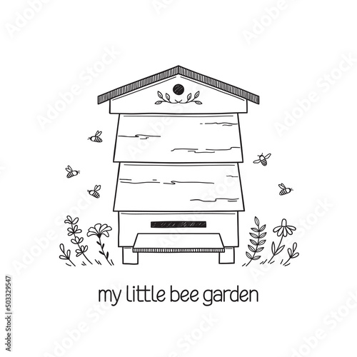 Beehive with flowers and flying bees. Little Bee garden concept, logo