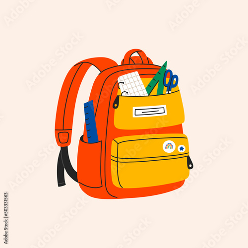 Backpack full stationery and study supplies. Colorful schoolbag with copybooks, rulers, pencils.Hand drawn vector illustration isolated on white background. Modern flat cartoon style.