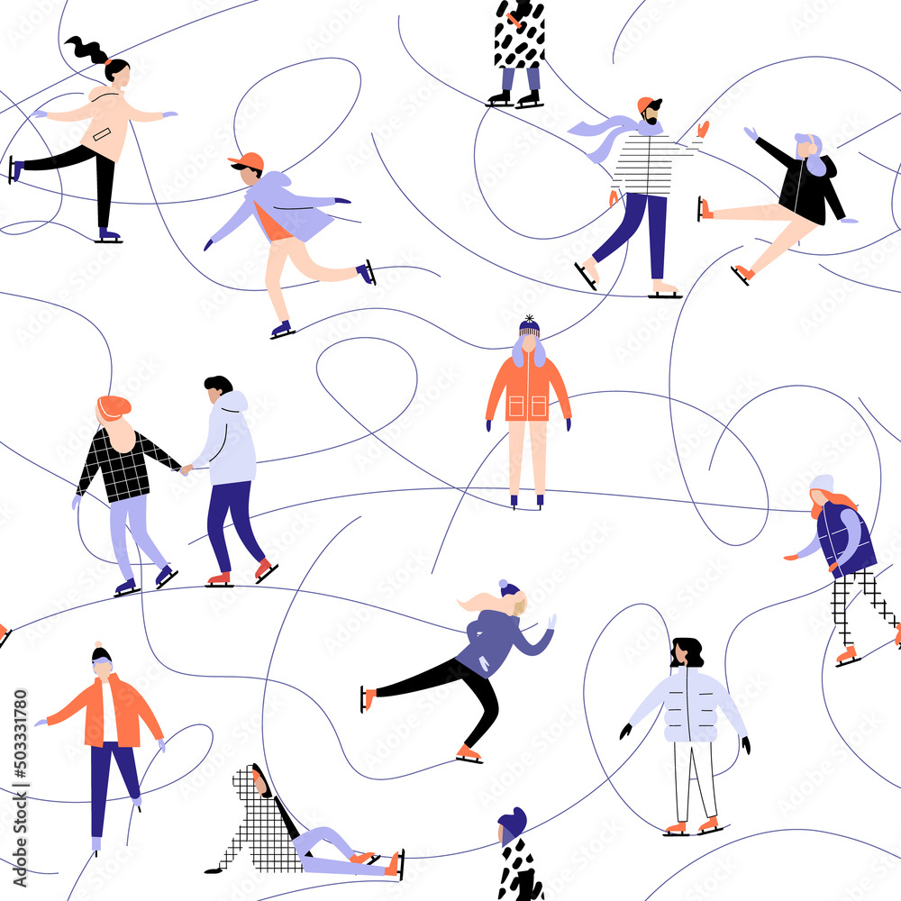 Seamless winter pattern with ice skaters