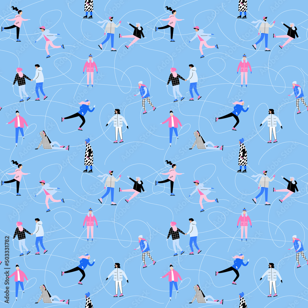 Seamless winter pattern with ice skaters